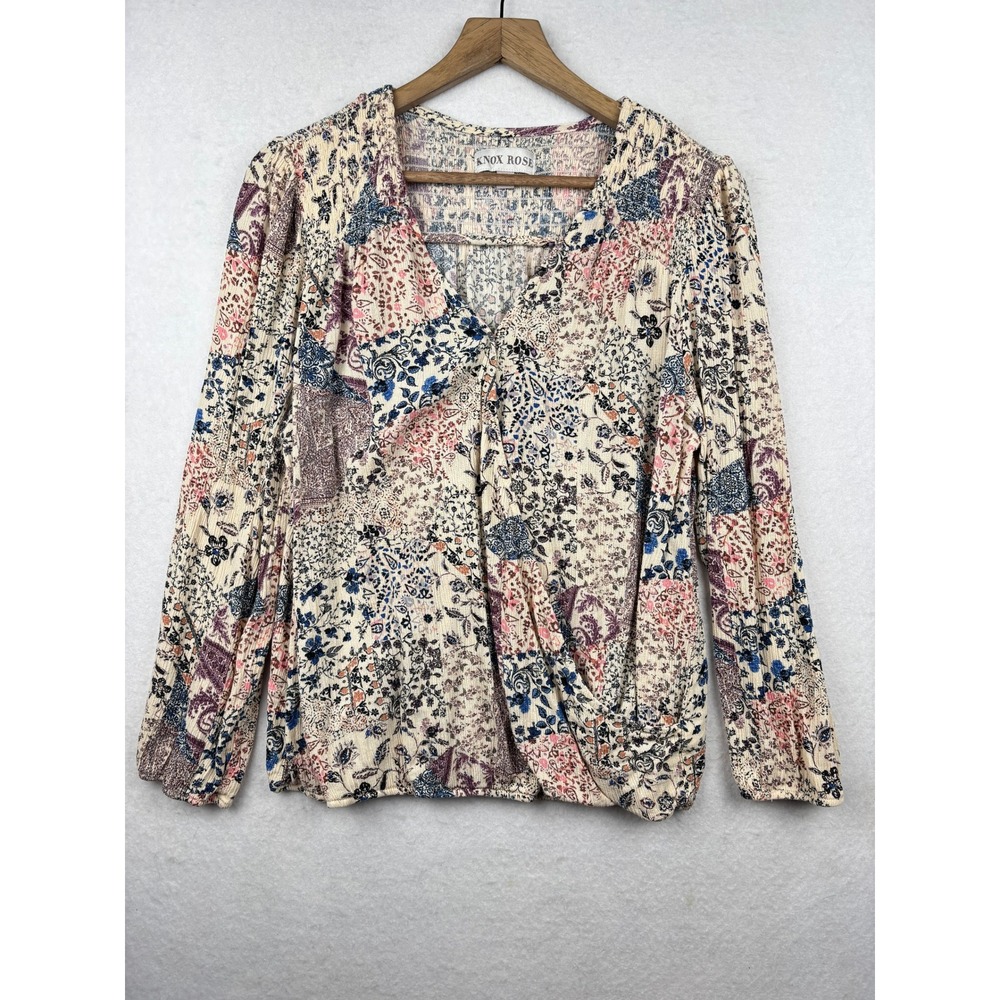 Knox Rose Blouse Womens XL Surplice Wrap Smocked‎ Shoulder Boho